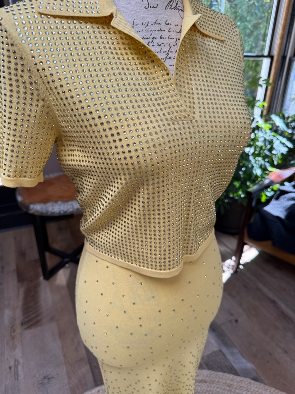 Sandro Two-Piece Knit Studded Polo and Midi Skirt Set in Light Yellow - Picture 3 of 17